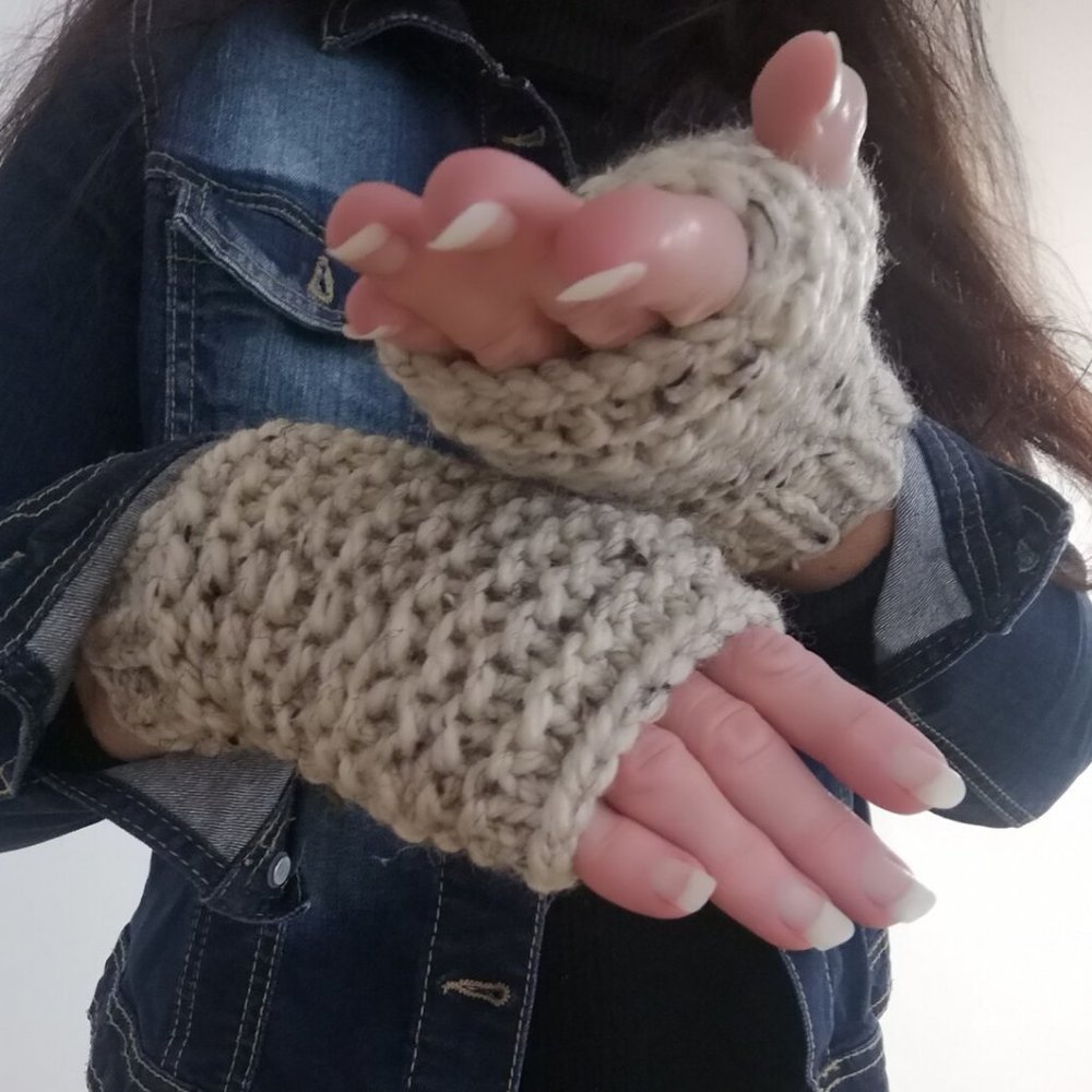 Thick Sustainable Fingerless Knit Gloves Wool Rayon Oatmeal Gift Made in…